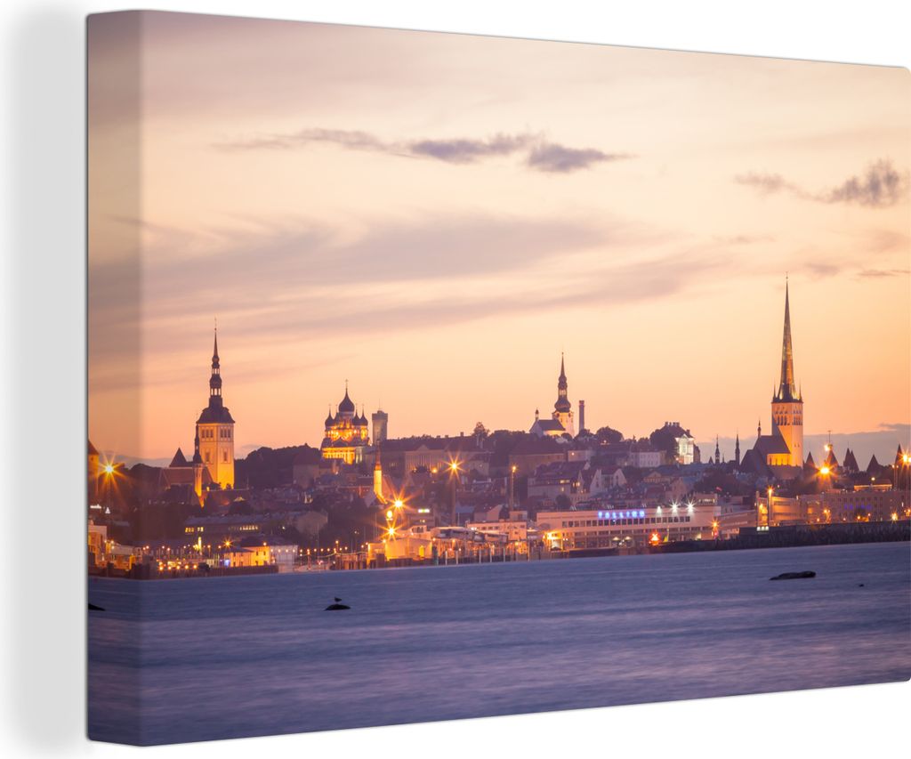 OneMillionCanvasses - Leinwandbilder - 140x90 cm, Schöner Sonnenuntergang über dem Stadtzentrum von Tallinn, Wandbilder Kunstdruck Wanddekorati...