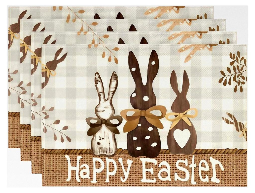 4-teiliges Tischset Ostern aus Leinen - Abwaschbare Platzsets hitzebeständig - Rustikales Karodesign mit Hasen - Moderne Osterdeko für Küche, Es...