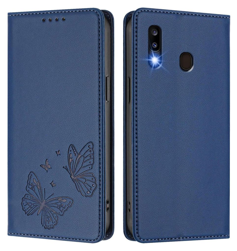 Lederhülle für Samsung Galaxy A20 / A30, Schmetterling Prägung Leder Brieftasche Schutzhülle mit Ständer Dunkelblau