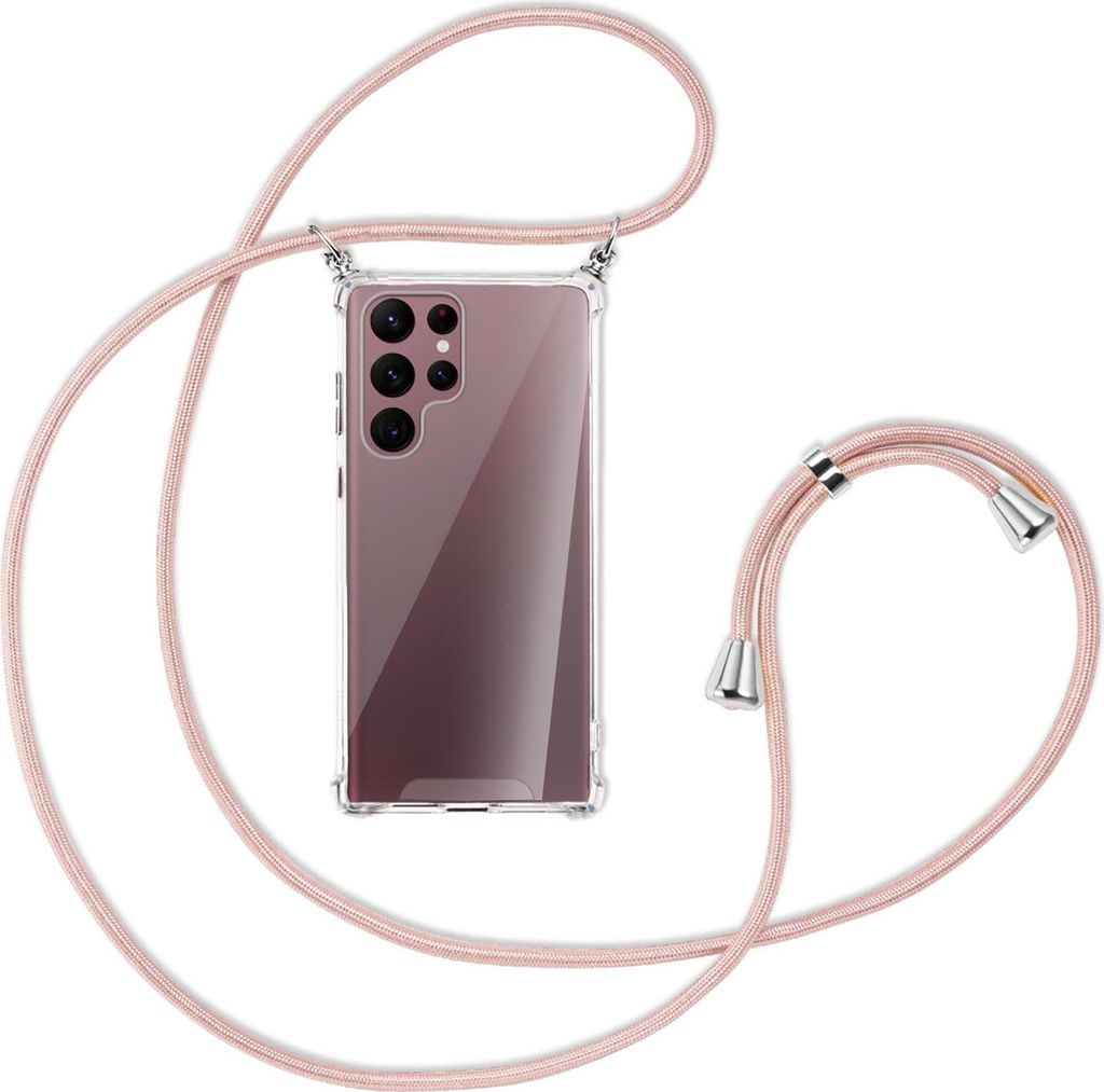 Handykette Backcover-Schutzhülle mit Band (Metall silberfarben) für Samsung Galaxy S22 Ultra 5G (S908) - roségold