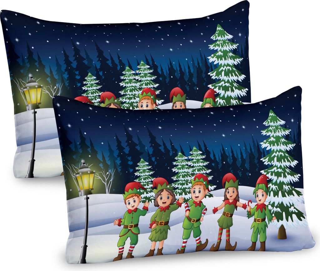 ABAKUHAUS Elf Kissenbezug Packung mit 2, Das Tragen von Kindern lustige Kostüme im Schnee mit Wald im Hintergrund, Dekorativer Gedruckter Kissenbe...