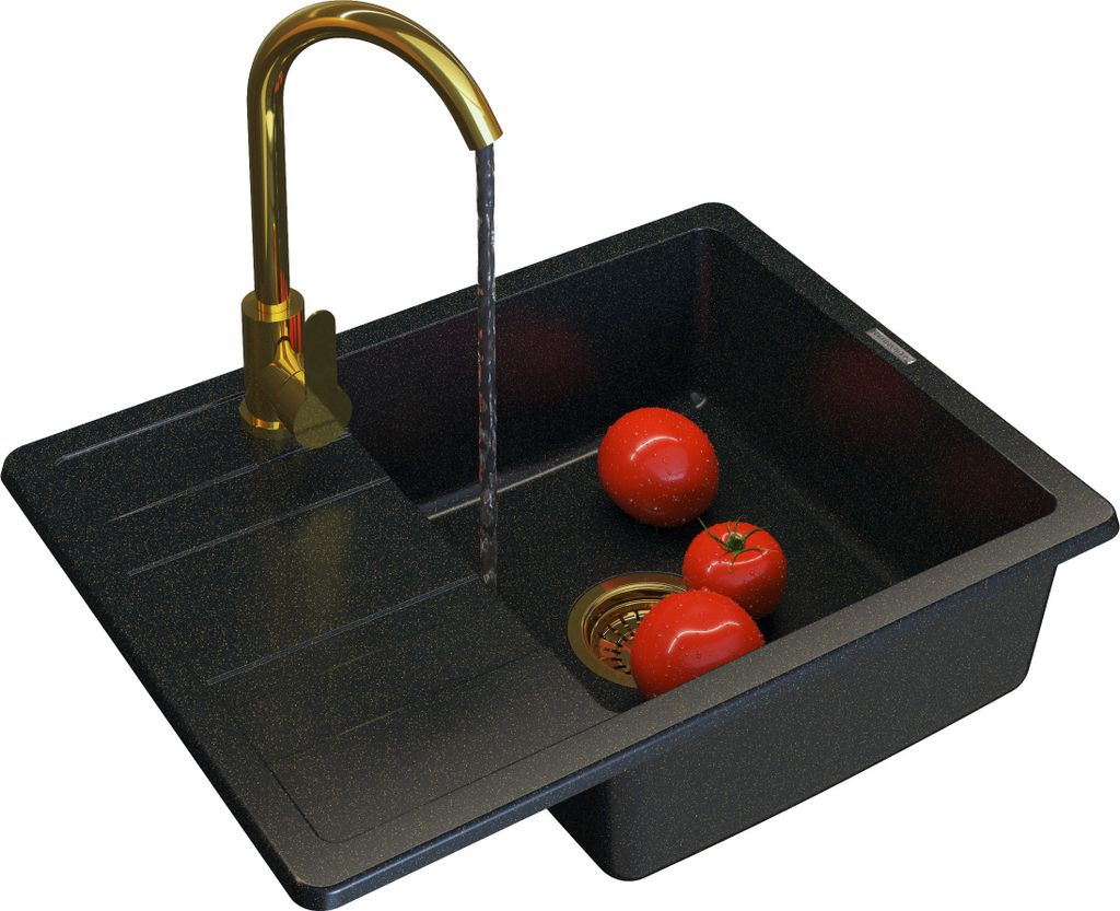Granitan | Granitspüle PAROS - Schwarz mit Goldpartikeln - Einbau mit Zubehör - Elegant und modern