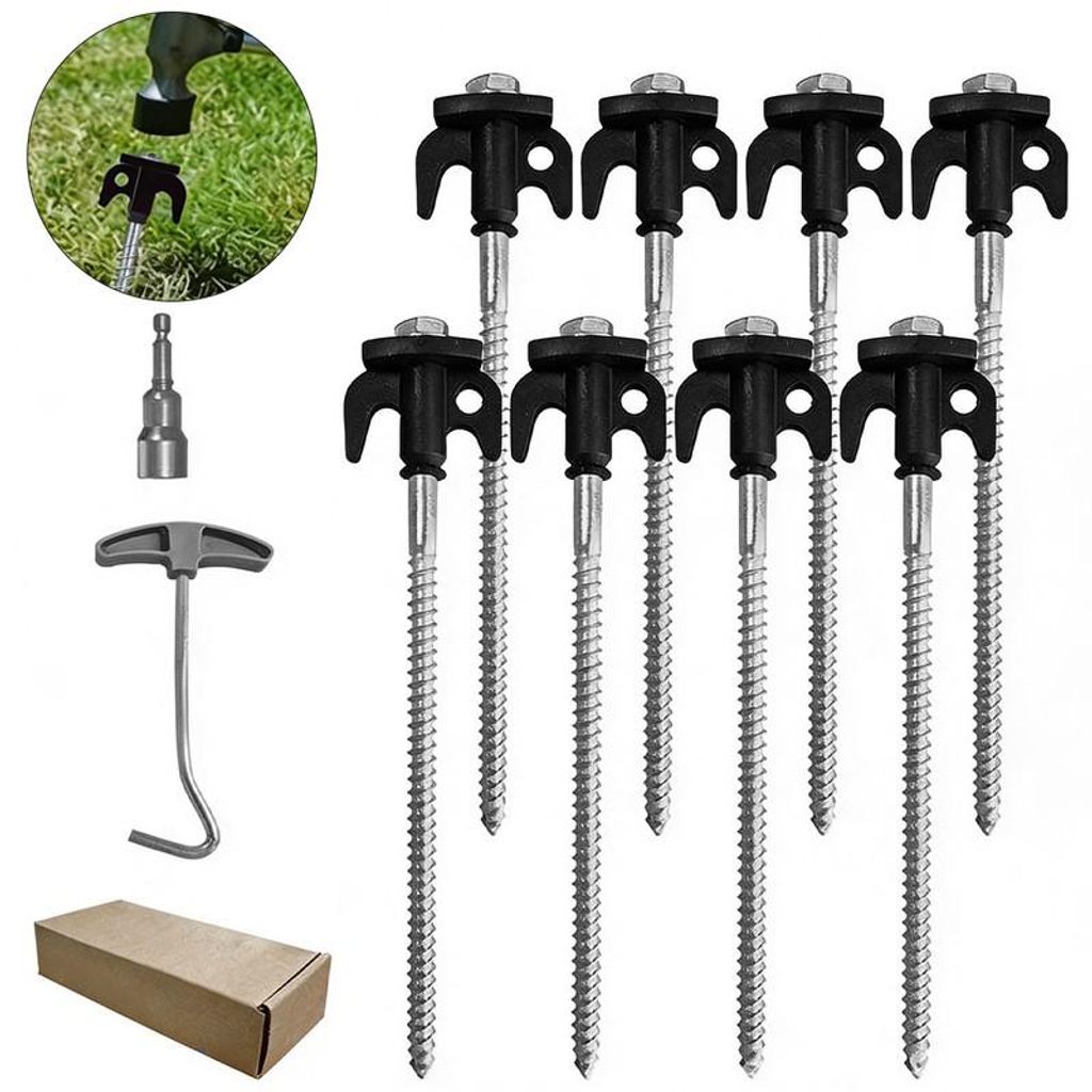 Schraubheringe Camping 8er Set Stahl Kunststoffkopf 20 cm Gewinde Zeltheringe für Sand Erde Zelt Pavillon Festival Outdoor Zubehör