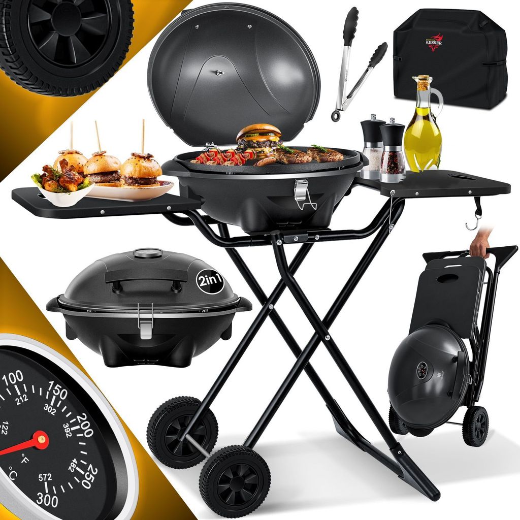 KESSER elektrischer Elektrogrill 2in1 Tischgrill - Standgrill mit Deckel und Standfuß | max. 2400 Watt | Faltbar | Thermometer | Antihaftbeschic...