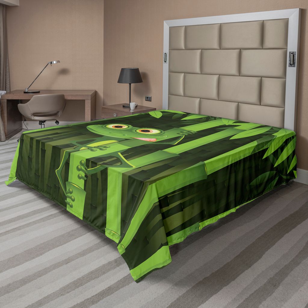 ABAKUHAUS Tier Bettlaken, Lustige Illustration Des Freundlichen Spaß Frosches Auf Stamm Der Bambusdschungel Baum Natur, weiches bequemes oberes Be...