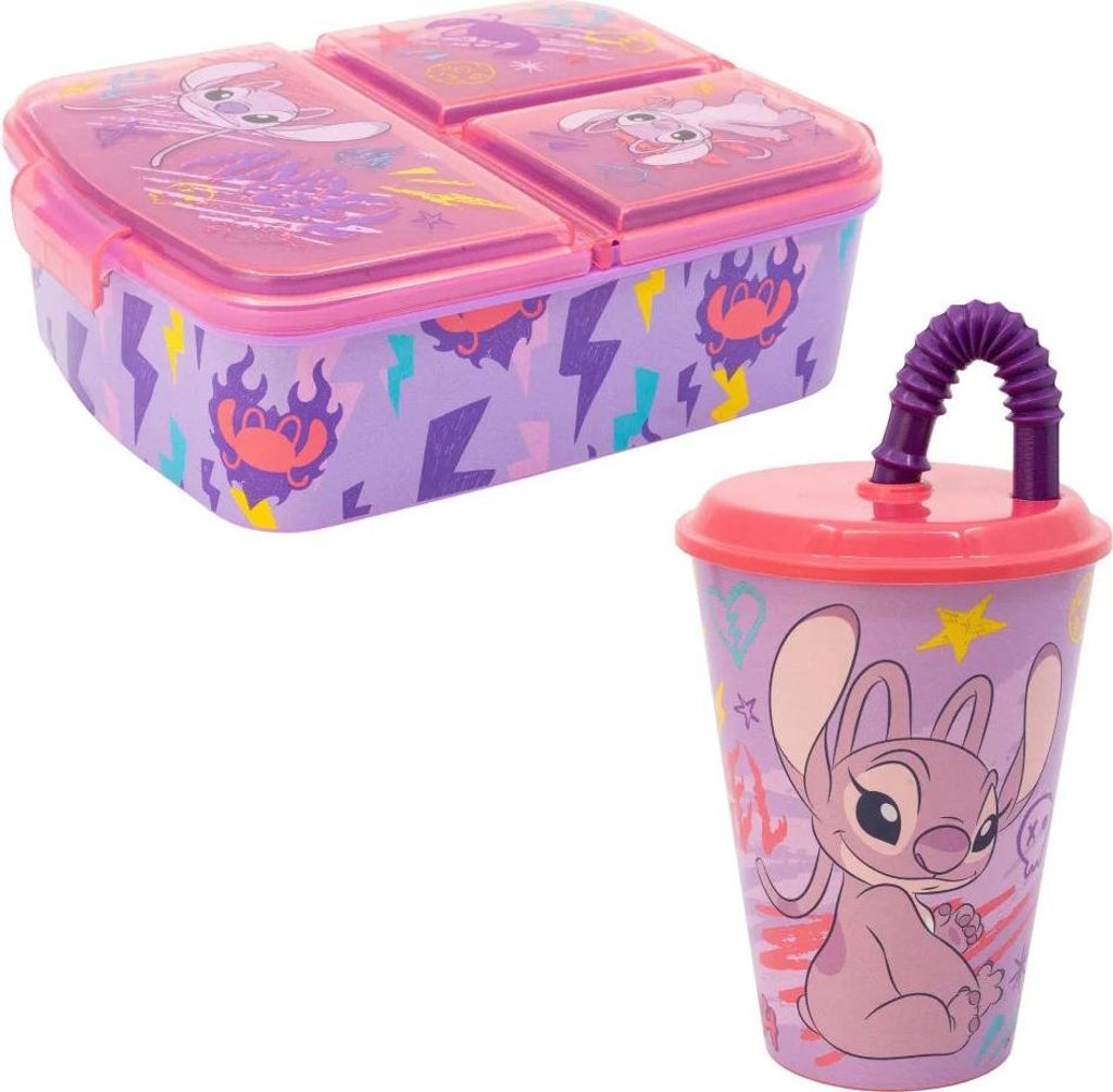 Disney Stitch 2 tlg. Lunch Set Brotdose mit 3 Kammern Trinkbecher 390 ml
