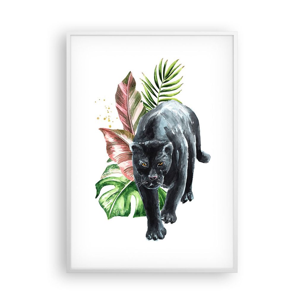 Gerahmtes Poster - Weißer Rahmen - Schwarz Panther Blätter - 70x100 cm - Wand Bild - Wanddeko - Wandbilder - Kunstposter - Wandposter - Bilderrah...