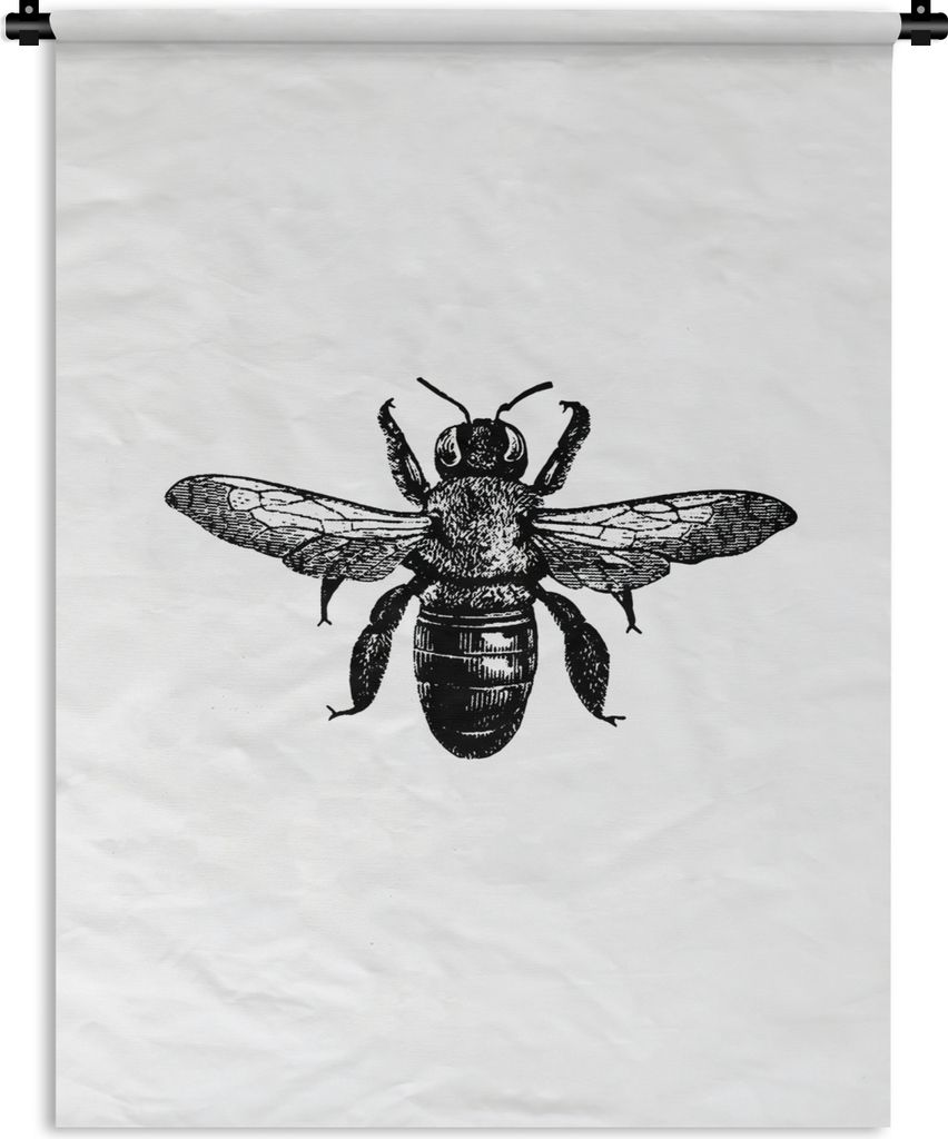 MuchoWow Wandteppich Wandbehang Biene - Insekt - Vintage - Schwarz und weiß 120x160 cm Tapisserie Dekoration Wandtuch - Wohnzimmer - Moderne