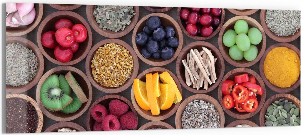 DEQORI Glasbild Echtglas 125x50 cm 'Superfood-Ensemble' Wandbild Bild modern Deko