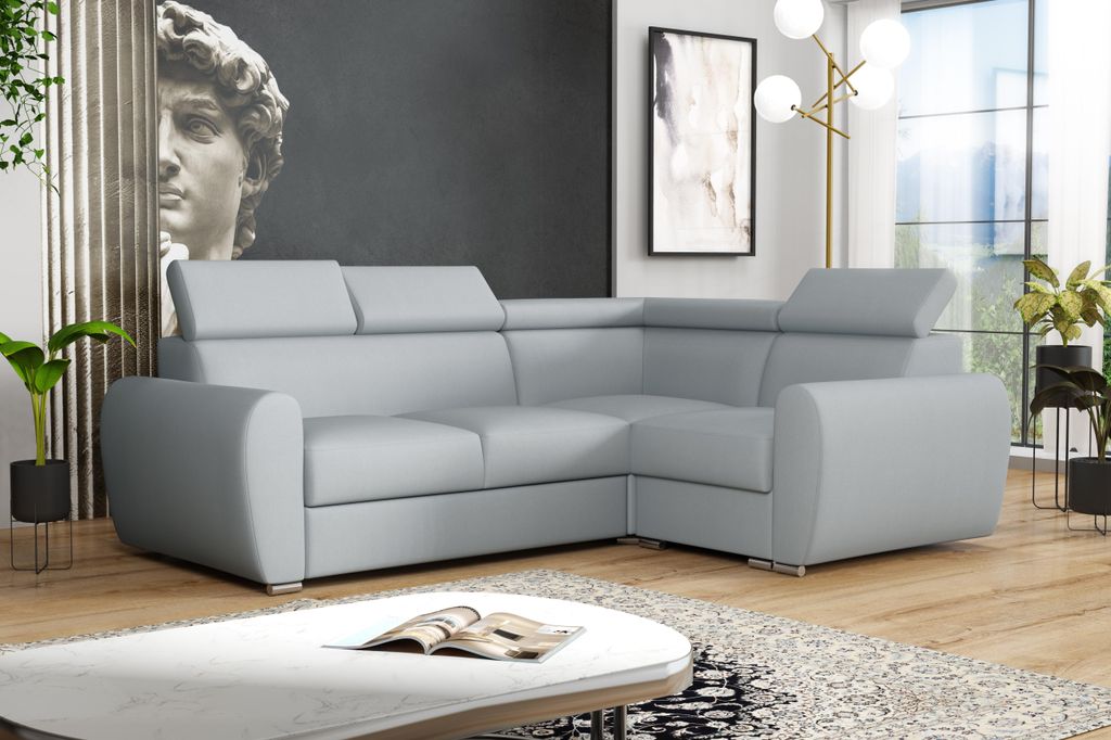 Barcelona Ecksofa mit Schlaffunktion – Samt Couch mit Kopfstützen – Schlafsofa 246×190 cm – Hellgrau rechts