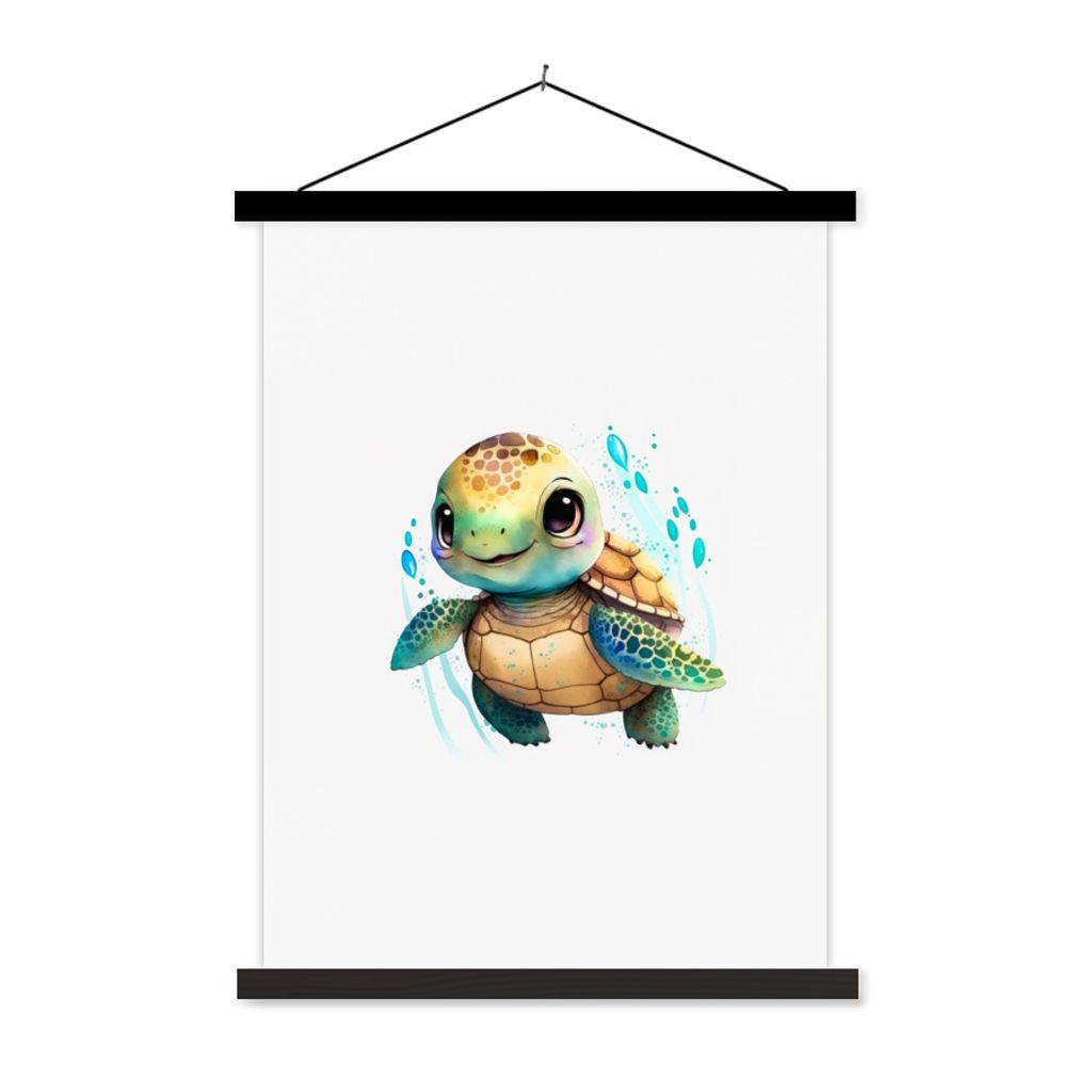 MuchoWow Textilposter Schildkröte - Wasserfarben - Tiere - Mädchen - Jungen 120x160 cm mit schwarzem Rahmen - Magnetischer