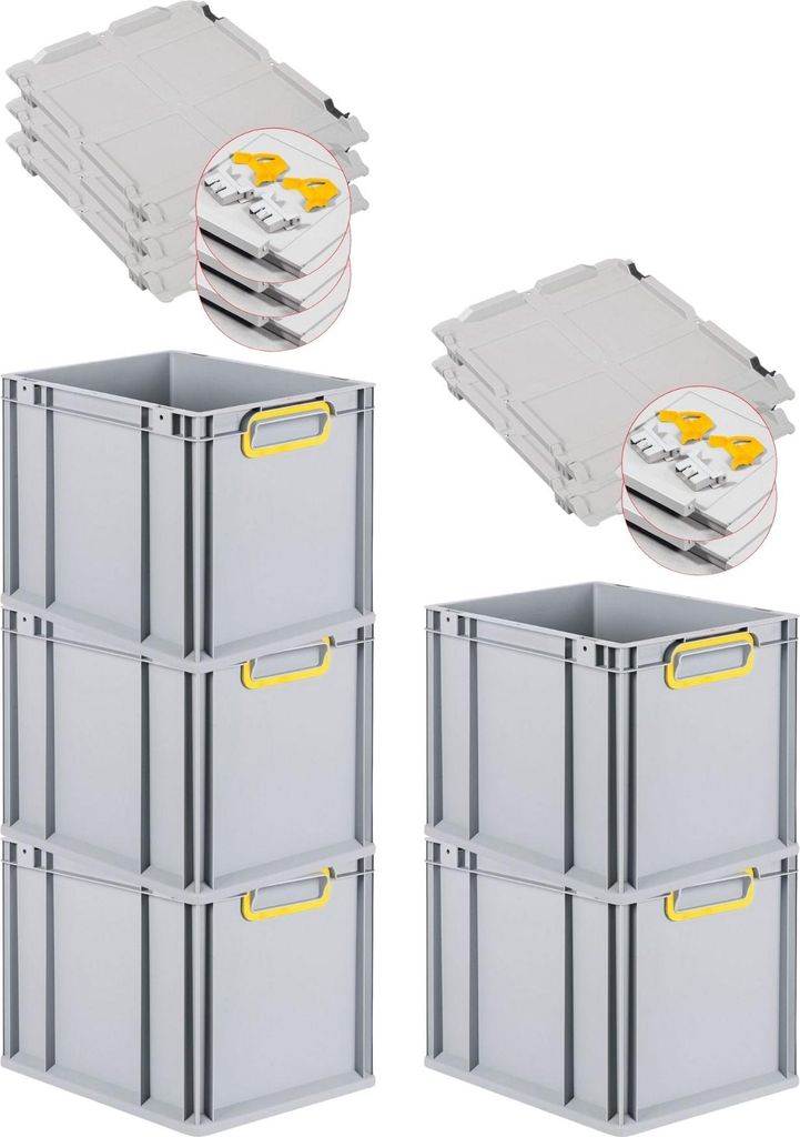 SuperSparSet 5x Eurobox NextGen Color mit Scharnierdeckel und Schiebeschnappverschlüssen | HxBxT 32x30x40cm | 30 Liter | Griffe gelb geschlossen |...