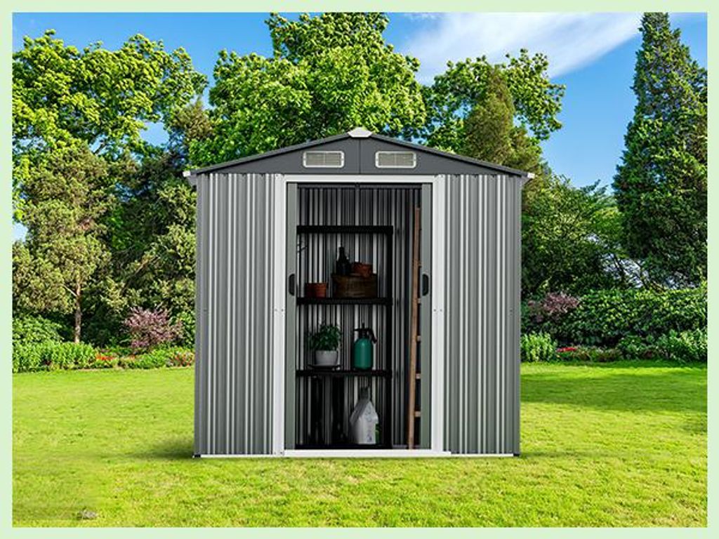 COSTWAY 182x129x196cm Gartenhaus Metall, 3,68m³ Geräteschuppen mit Luftschlitzen, abschließbaren Schiebetüren&Handschuhen, Verzinkter Stahl, Grau