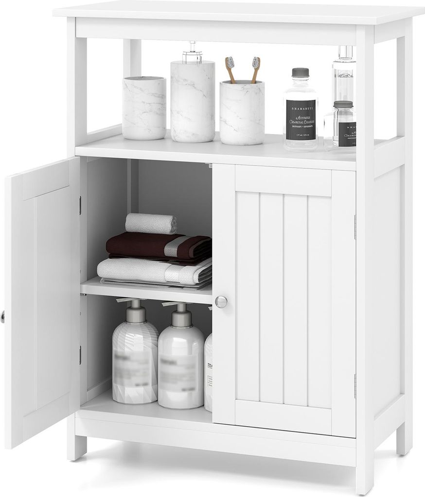 A white wooden bathroom cabinet with its doors open, displaying shelves with towels and soap dispensers.