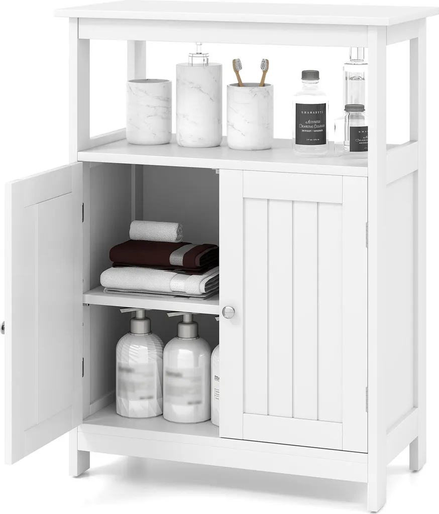 COSTWAY Mobiletto da Bagno in Legno Bianco 60x30x80cm - 2 Ante