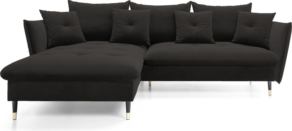 DomoHome Ecksofa GLAM mit Schlaffunktion, Freistehend, Ottomane und Goldenen Füßen – Samtsofa im Glamour-Stil für Ihr Wohnzimmer, mit Zierkiss...