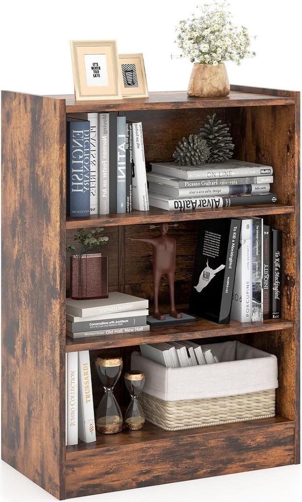 Bücherregal mit 3 Fächern, Offenes Standregal mit 18-stufig verstellbaren Regalen, Holzregal Würfelregal mit Kippschutzvorrichtung, Vintage Braun