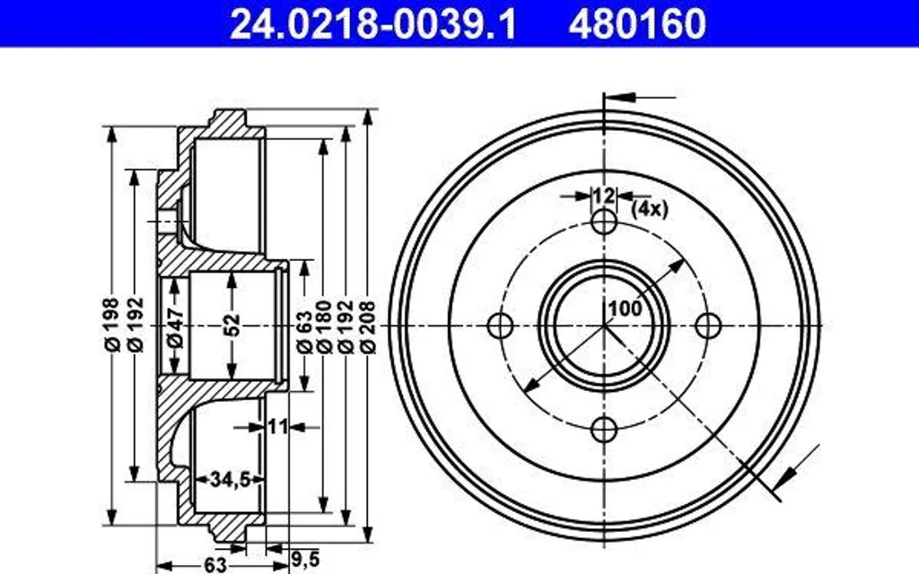 Tambour frein ATE 24.0218-0039.1 pour révision freinage Agila A