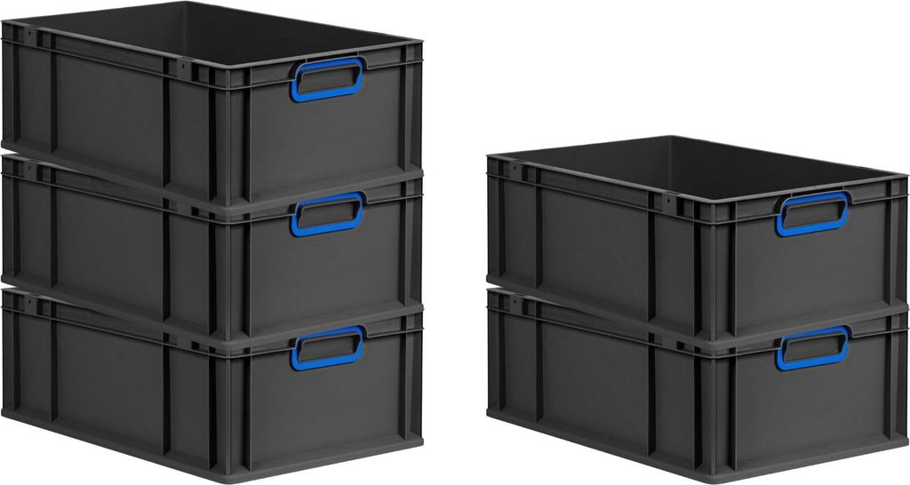 SparSet 5x Eurobox NextGen Color | HxBxT 22x40x60cm | 44 Liter | Griffe blau geschlossen | Verstärkter Boden | Schwarz | Eurobehälter, Transportb...