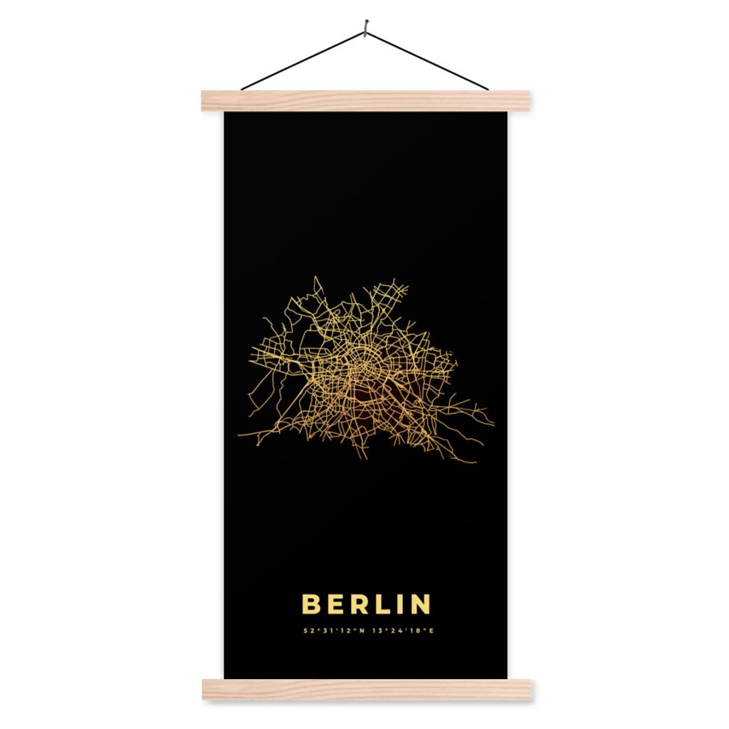 MuchoWow Textilposter Berlin - Gold - Stadtplan - Karte 40x80 cm mit holzfarbenen Rahmen - Wohnzimmer