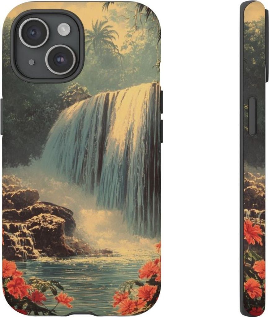 Tropischer Wasserfall mit roten Blüten – Hülle Kompatibel mit iPhone 15