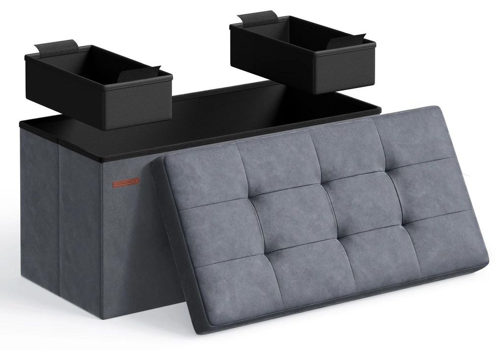 Sitzbank mit Stauraum - LSF247 - Samt - 76×38×38 cm - Bis 300 kg belastbar - 2 Aufbewahrungsboxen - Klappdeckel - Grau