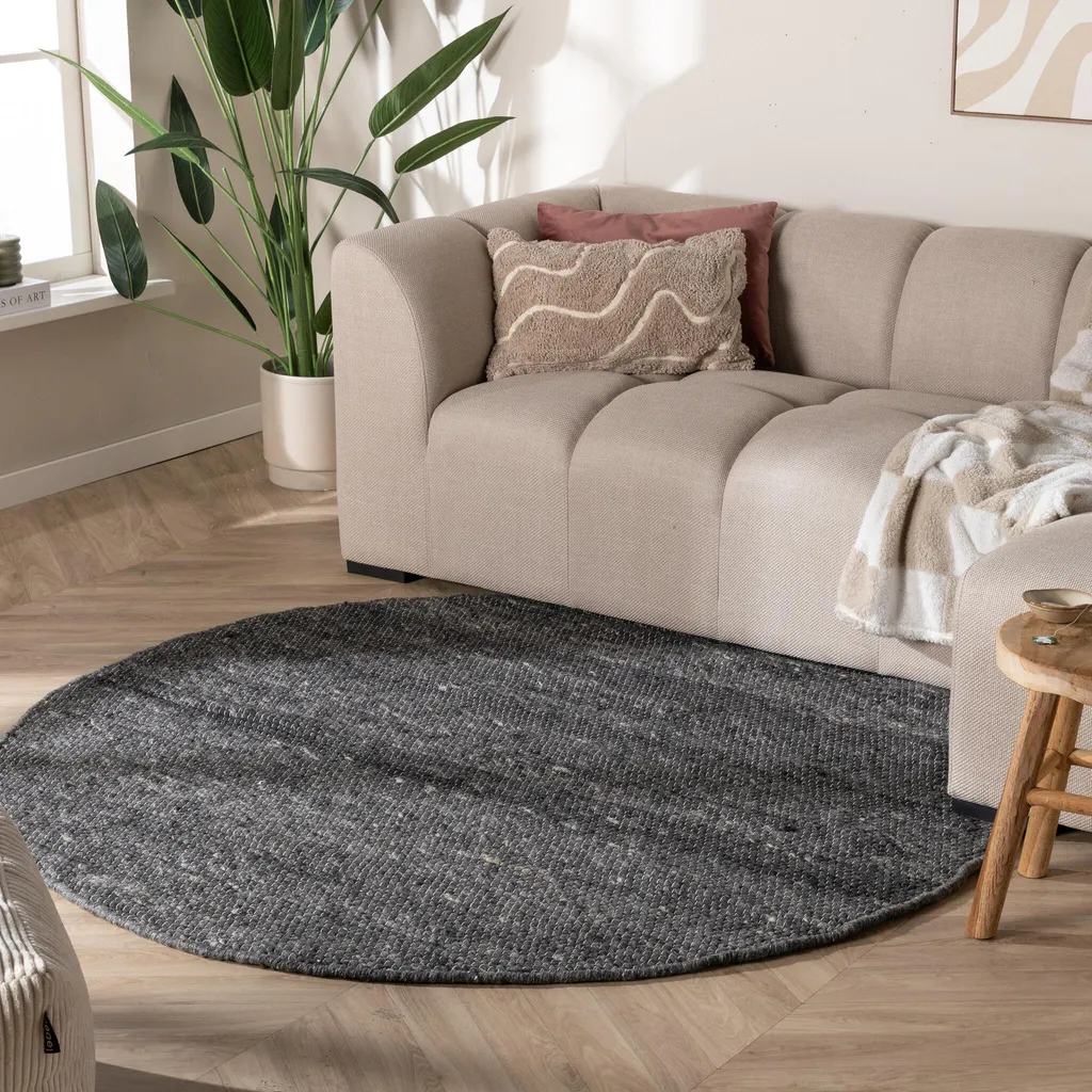 Tapis rond 140cm en pure laine bouclée Feline Anthracite Volero haut de gamme