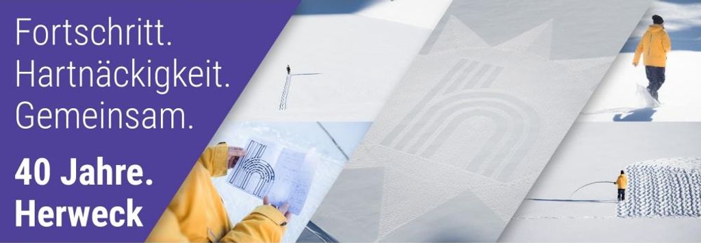 A collage of images related to winter activities and a company anniversary.