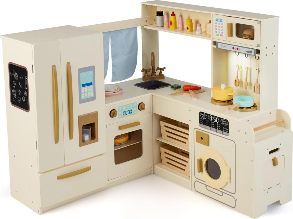 COSTWAY Kinderküche, Eck-Spielküche mit 22 Zubehör, Mülleimer, Doppeltür-Kühlschrank, Eiswürfelmaschine, Waschmaschine, Licht & Sound, für ...