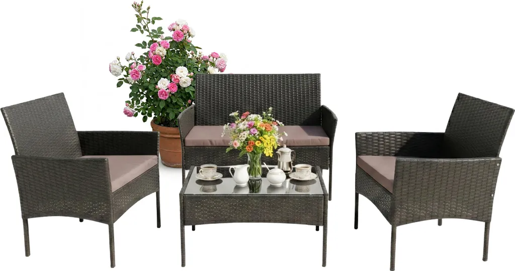 Salon de Jardin en Rotin Relaxdays Résistant aux UV avec Coussins Gris