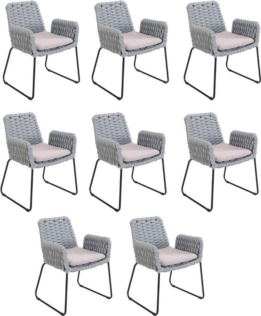 HOME DELUXE Gartenstuhl mit Armlehnen aus Seilgeflecht BALERO Hellgrau - 8er Set | Seilbespannung, Seilgewebe, Outdoor-Stuhl, Robust, Sitzkomfort, ...