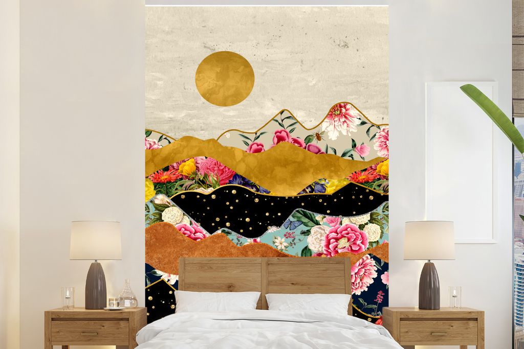 MuchoWow Fototapete für Wohnzimmer oder Schlafzimmer Wandtapete Vinyl Motivtapete Gold - Blumen - Druck - Abstrakt - Landschaft - Muster - 180x2...