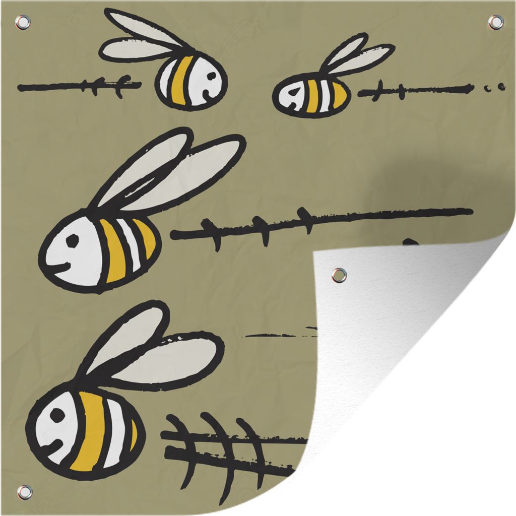 MuchoWow 50x50 cm Outdoor-Poster Gartendeko Sichtschutz Garten Poster für den Garten Eine Illustration von fünf Bienen vor einem beigen Hinterg...