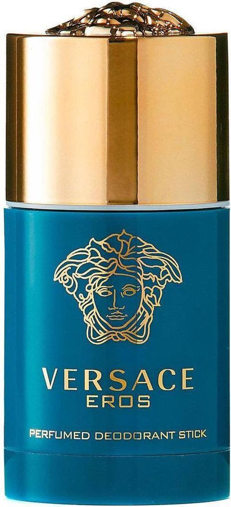 A close-up studio shot of a Versace Eros perfumed deodorant stick.