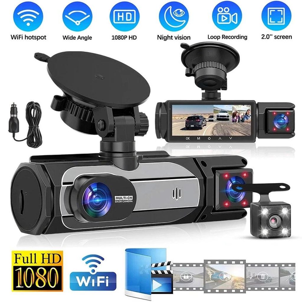 1080P 3-Kanal Dashcam Auto Vorne Hinten, 3 Channel Dashcam WiFi Dash Cam Full HD 3.16" 150° Weitwinkel Dash Kamera Super Nachtsicht,WDR