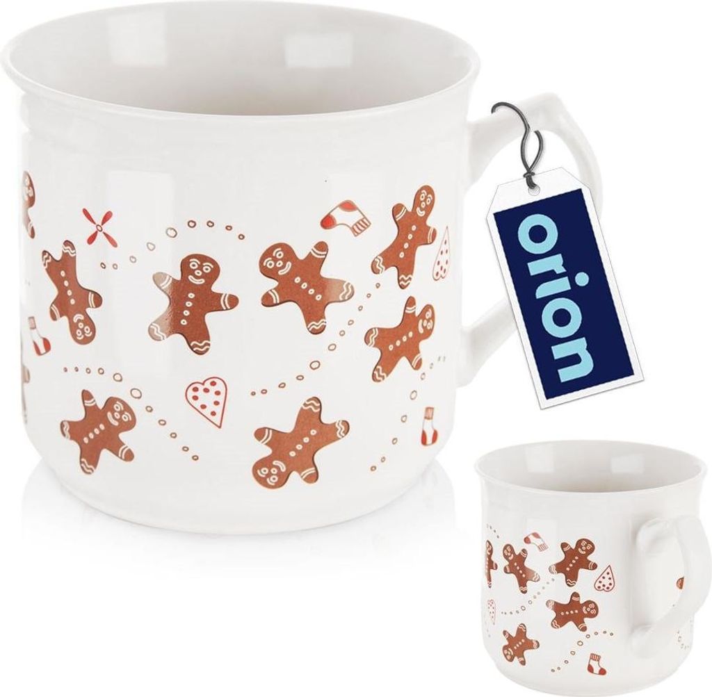A white ceramic mug with a gingerbread man pattern and a product tag.