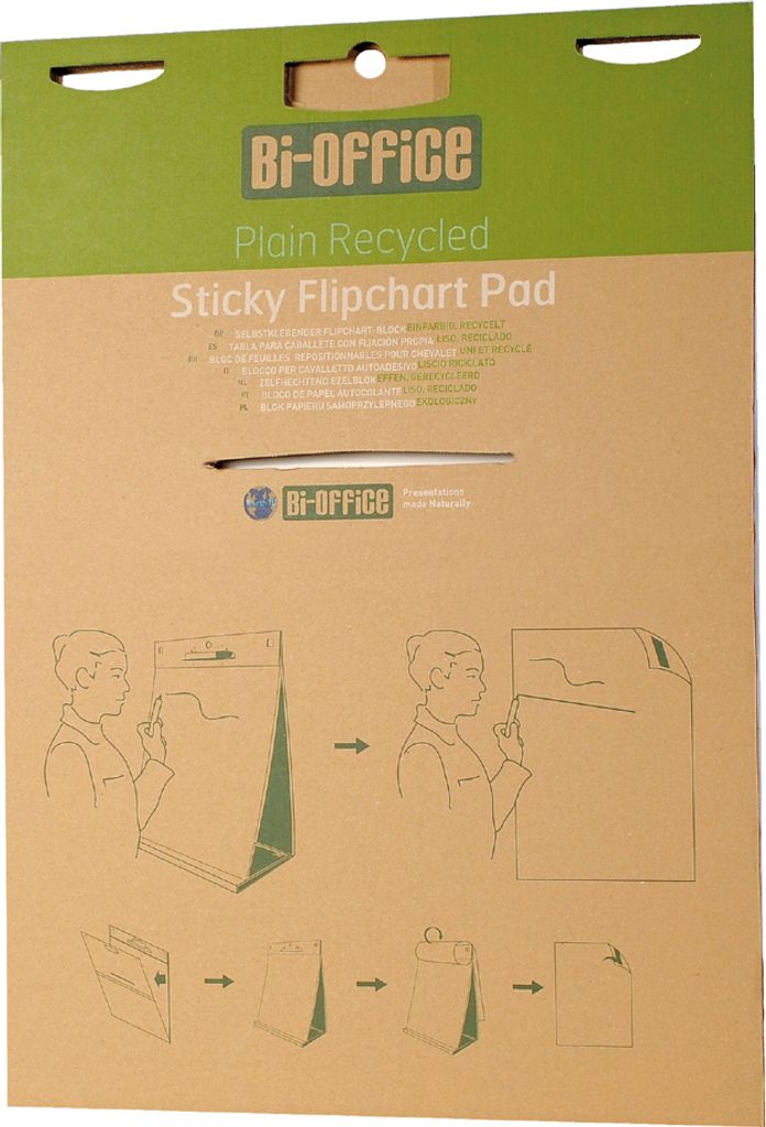 The image shows the packaging of a Bi-Office Sticky Flipchart Pad, with instructional diagrams on how to use it.