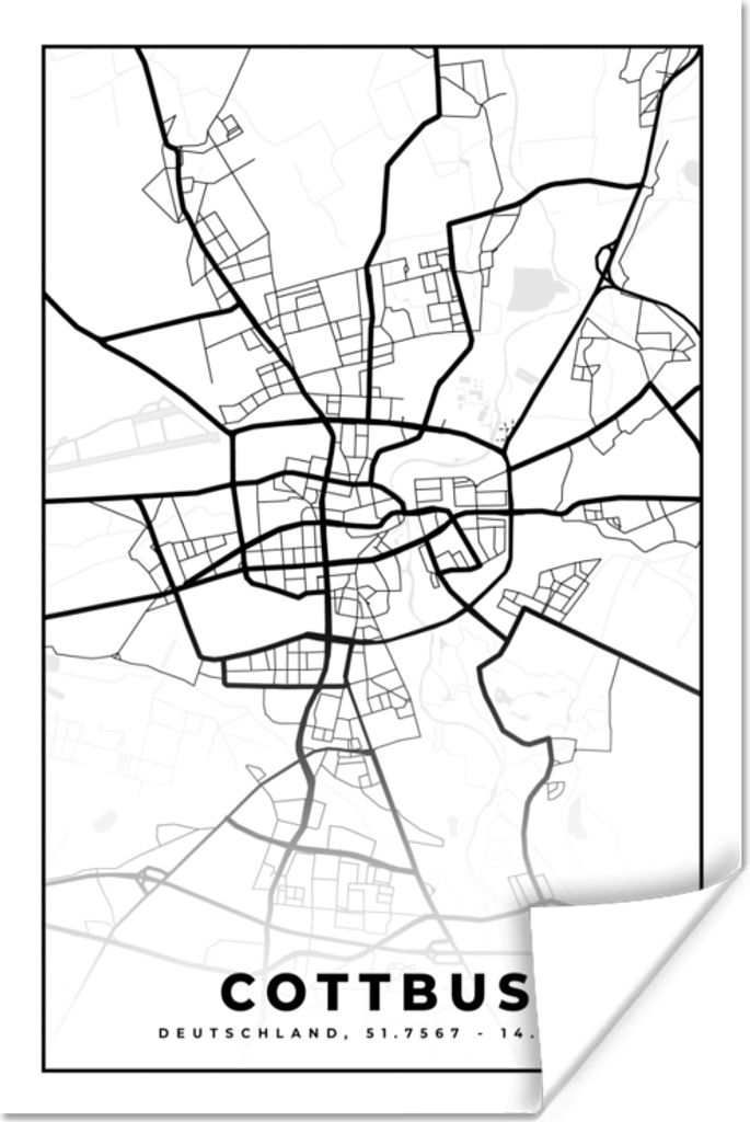 MuchoWow Poster Cottbus - Karte - Stadtplan - Wegbeschreibung 60x90 cm - Wanddekoration