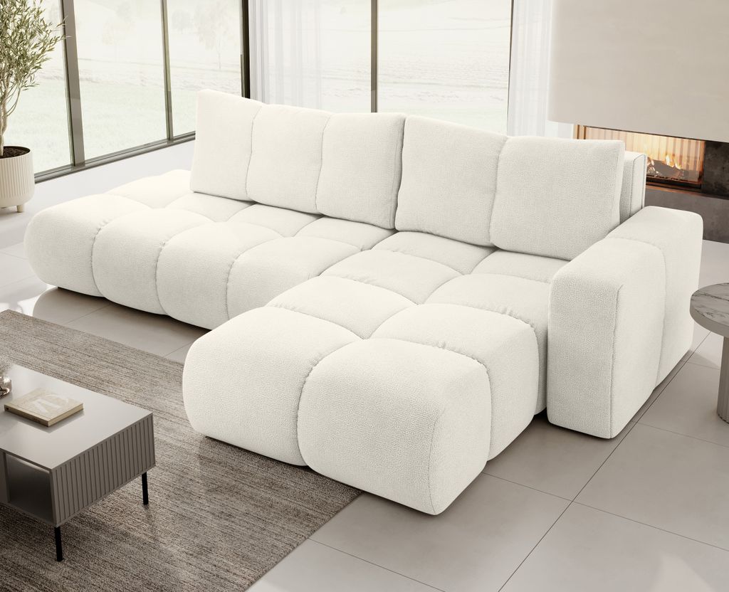 AX LIVING Ecksofa mit Schlaffunktion Hosio, 288 cm in edlem Cremeweiß Rechts