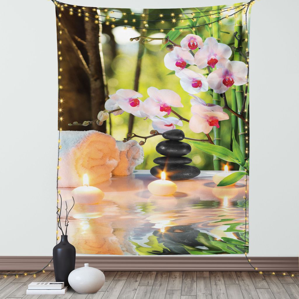 ABAKUHAUS Spa Wandteppich, Massage Elemente Badekurort Thema mit Kerzen Orchideen Warme Steine Garten Foto Muster, Wohnzimmer Schlafzimmer Seidiger...