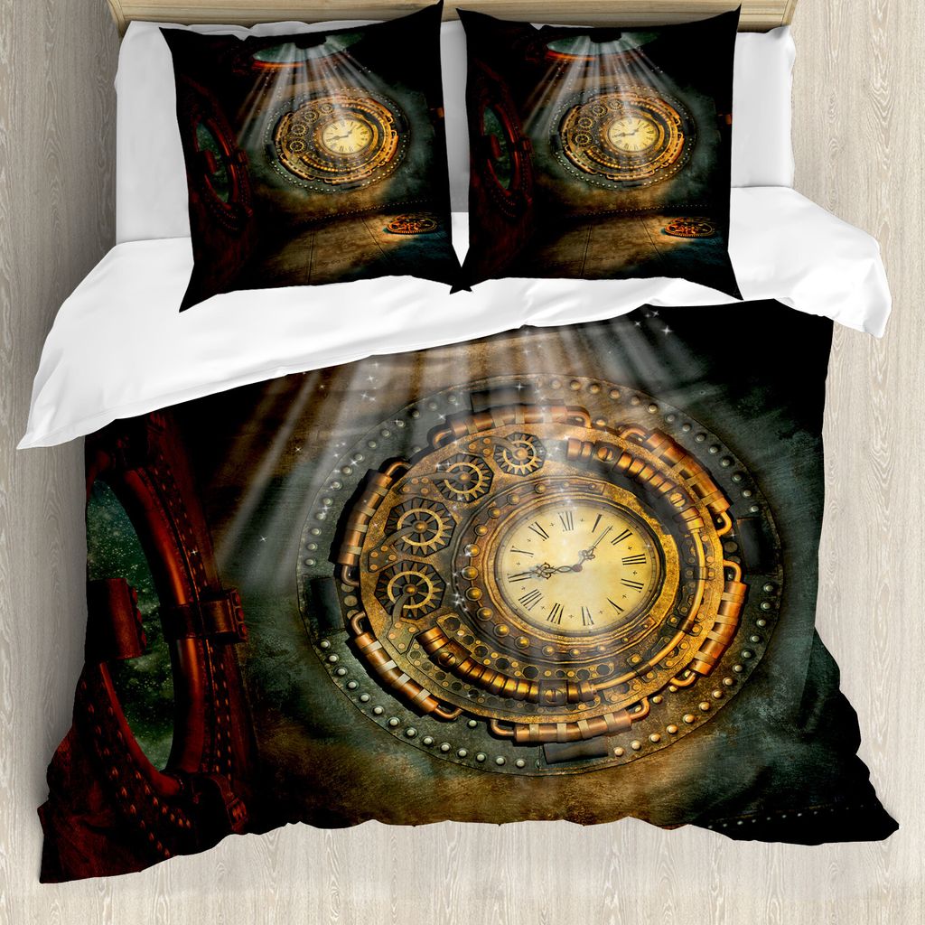 ABAKUHAUS Fantasie Bettbezug, Clock Traum Sky Fiction, Milbensicher Allergiker geeignet mit Kissenbezügen, 200 cm x 200 cm - 80 x 80 cm, Brown und...