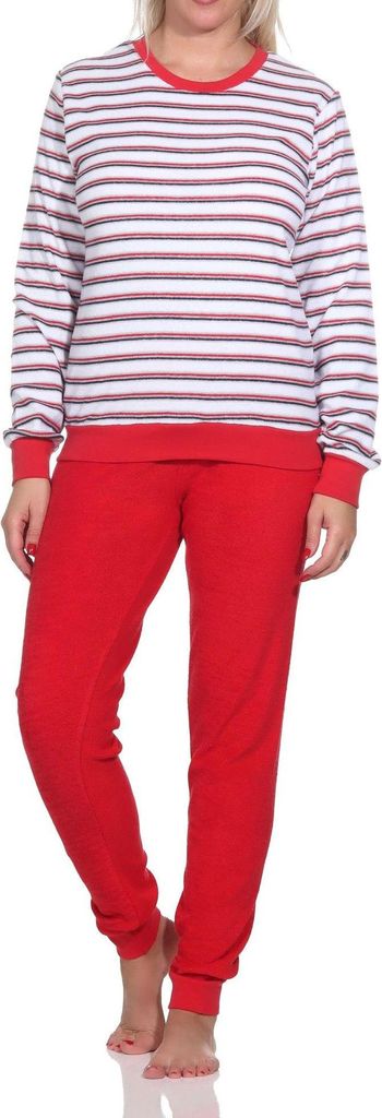 Damen Frottee Schlafanzug langarm mit Bündchen - Streifenoptik - auch in Übergrössen ; rot , 40
