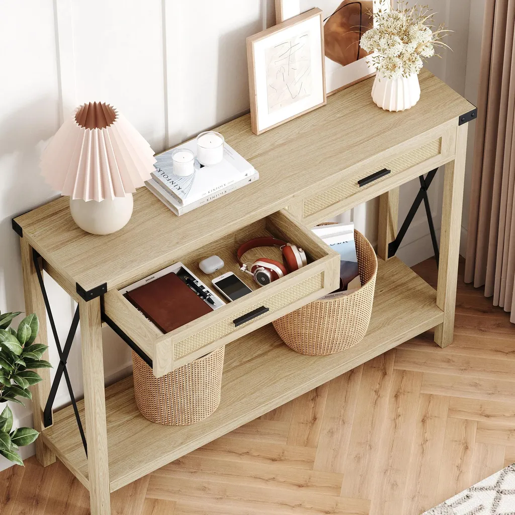 Console avec tiroirs en rotin et plateau aspect antique à 2 niveaux Buff - 5