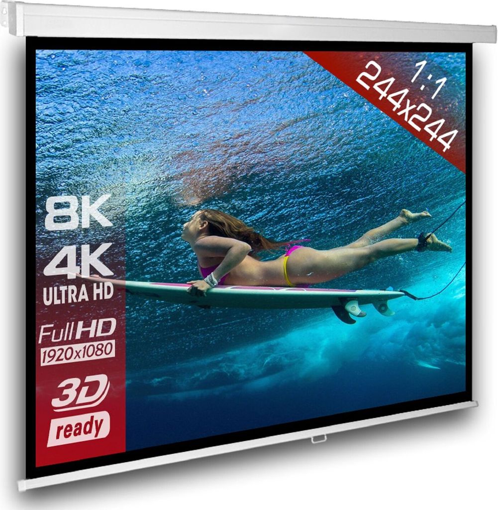 1:1 Slenderline Heimkino Beamer Rolloleinwand 244 x 244 (238x238)cm / Gehäuselänge 258 cm / FULL HD / 3D / 4K / HDTV / manuelle Leinwand