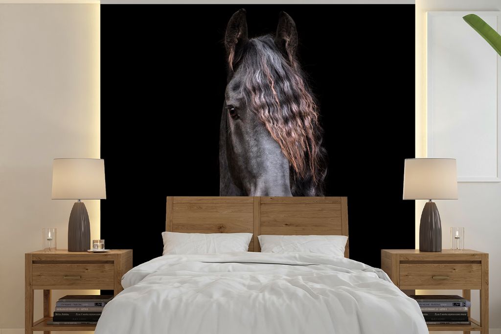 MuchoWow Fototapete für Wohnzimmer oder Schlafzimmer Wandtapete Vinyl Motivtapete Pferde - Friesisch - Mähne - Schwarz - Tiere - 220x220 cm - T...