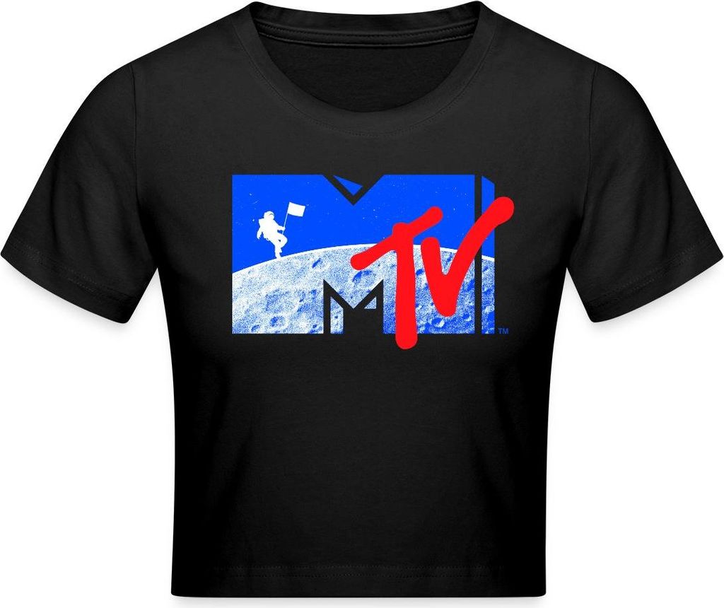 Spreadshirt MTV Logo Cooles Mond-Design Mit Astronaut Crop Top, S, Schwarz