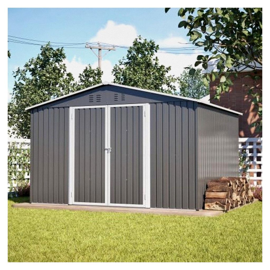 Großer Geräteschuppen aus Metall 10x8 Fuß, Gartenhaus mit Schiebetür, wetterfester Stahlblech-Schuppen für Rasenmäher und Fahrräder