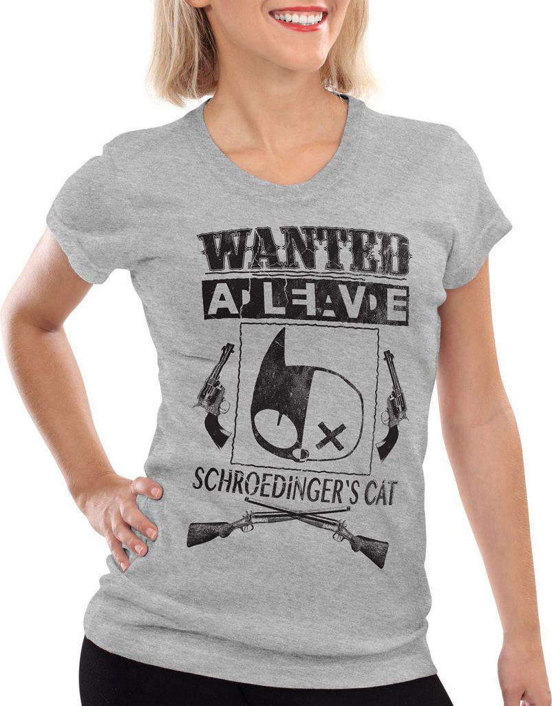 style3 Wanted Schroedinger's Katze Damen T-Shirt sheldon, Farbe:Grau meliert, Größe:S