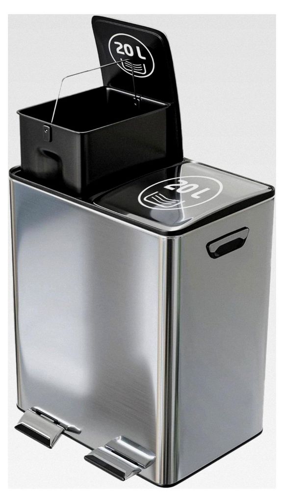 Doppelter Recycling-Mülleimer mit Pedalen - 2 separate Behälter à 20 L - Edelstahl - 45 x 30 x 52 cm - Silber
