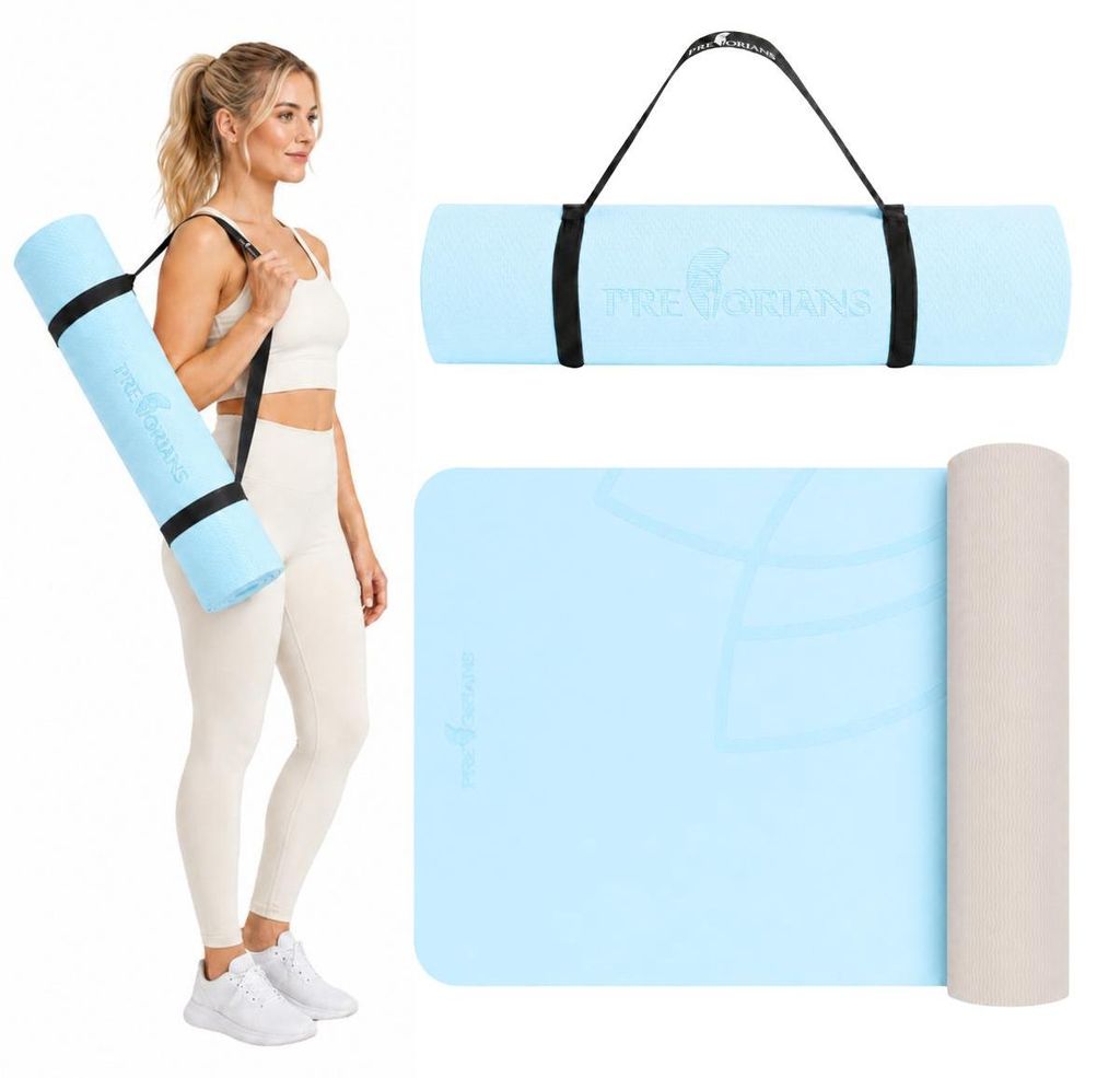 Yogamatte Sportmatte 183x61x1 cm leicht dicke und rutschfeste Fitnessmatte TPE-Schaum Gymnastikmatte mit Tragegurt Blau